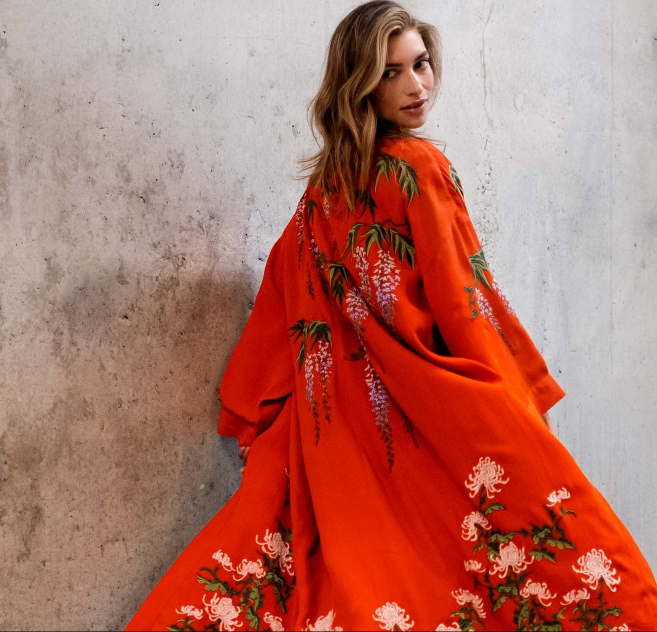 Wisteria & Chrysanthemum flowers embroidered long kimono terracotta worn with jeans