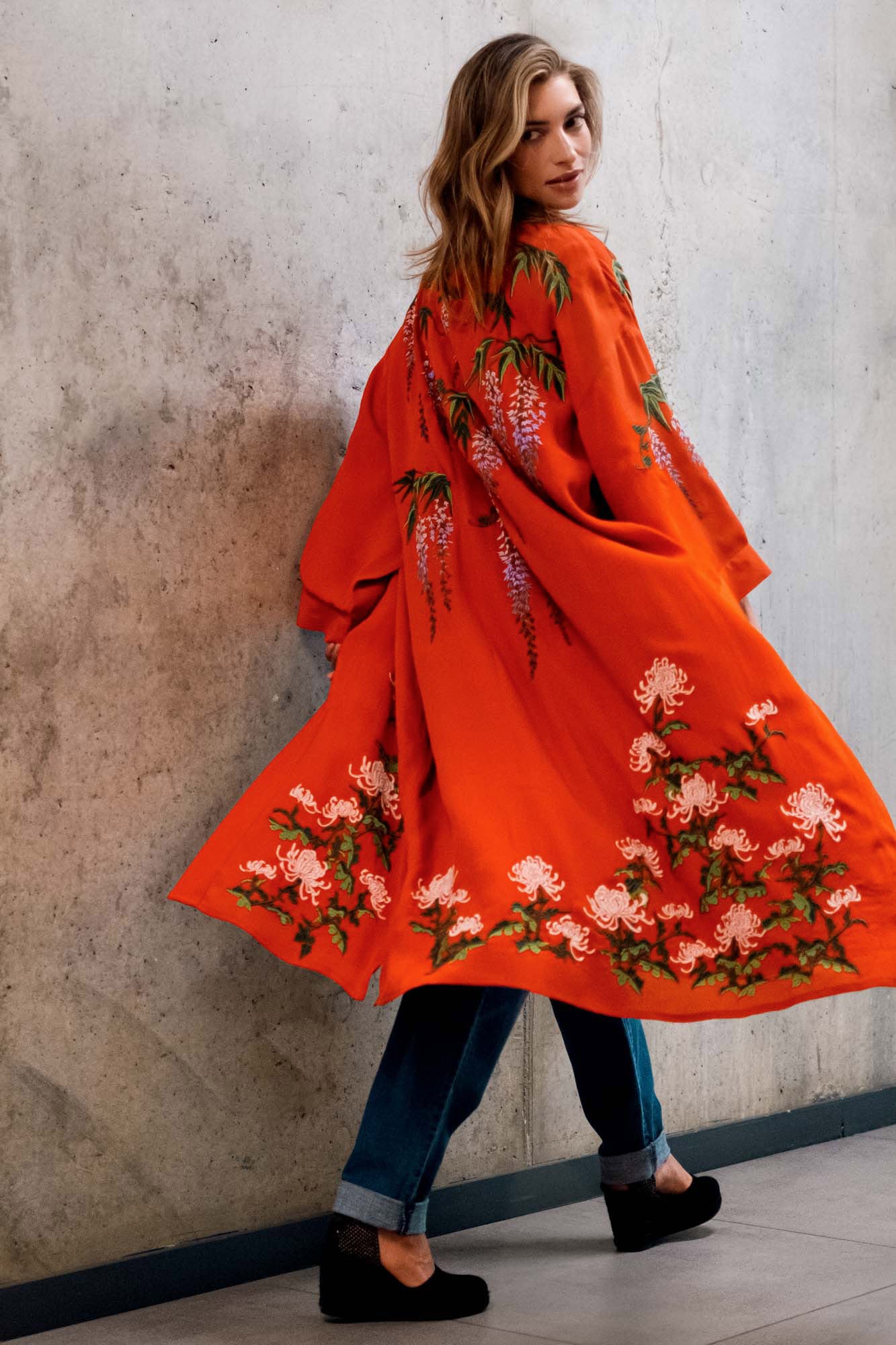 Wisteria & Chrysanthemum Embroidered Terracotta Fully Lined Long Kimono