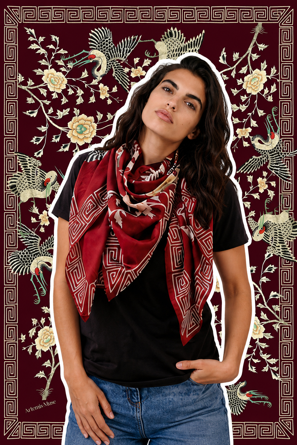Dynastic Birds Wine Luxury Silk Scarf 120cm * 120cm