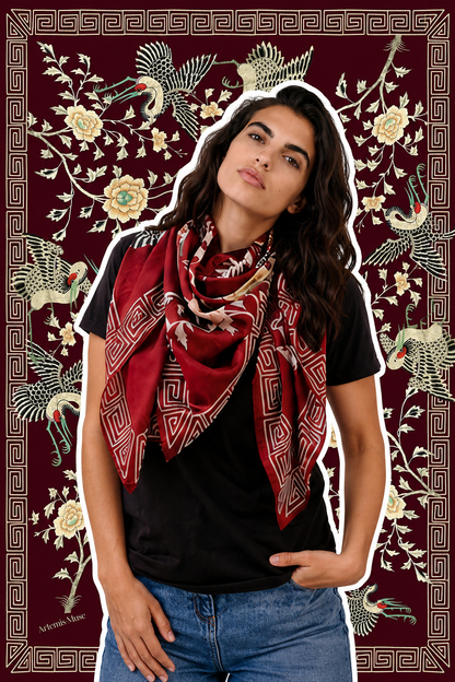 Dynastic Birds Wine Luxury Silk Scarf 120cm * 120cm