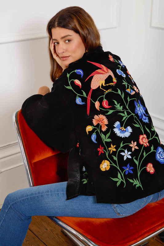 Regal Floral & Bird Embroidery Velvet Luxury Kimono