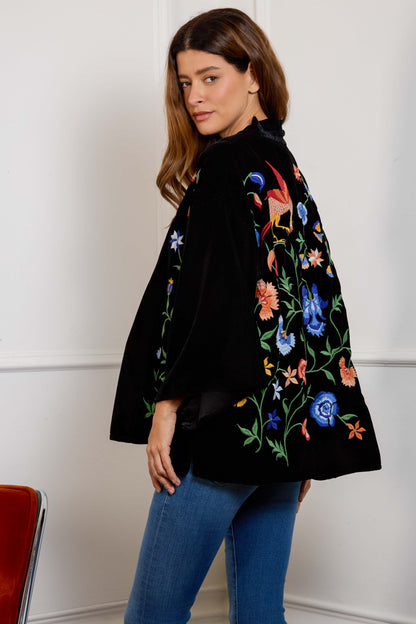 Regal Floral & Bird Embroidery Velvet Luxury Kimono
