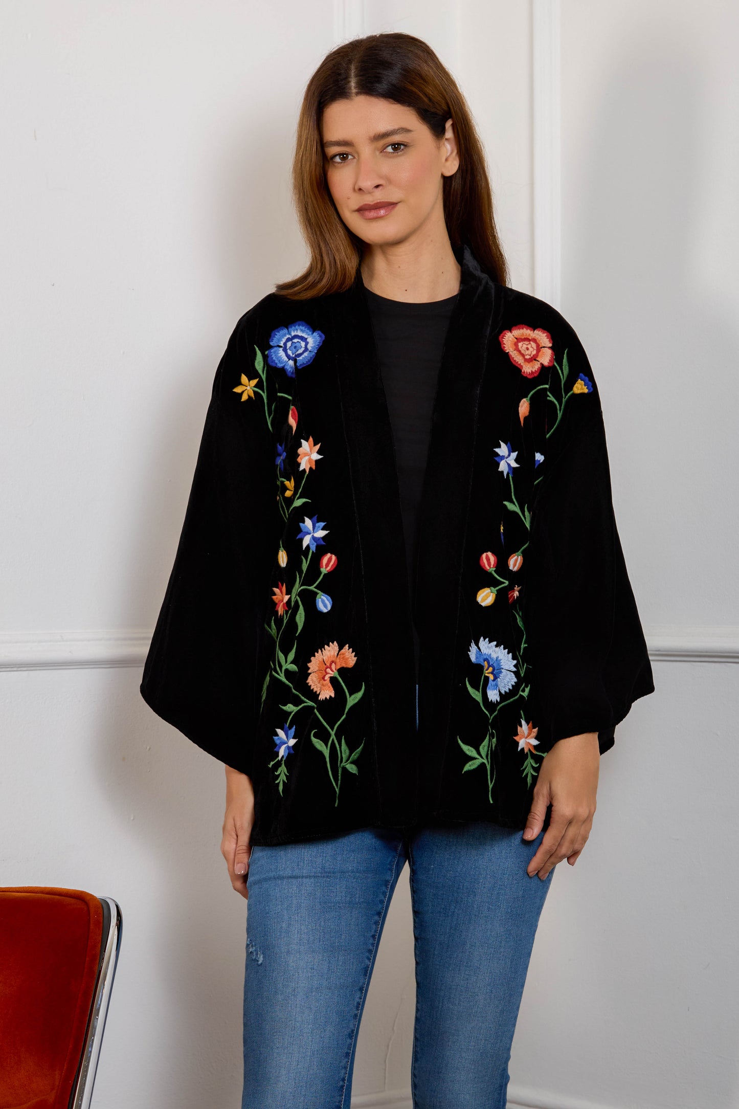 Regal Floral & Bird Embroidery Velvet Luxury Kimono