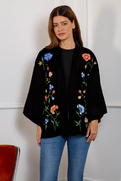 Regal Floral & Bird Embroidery Velvet Luxury Kimono
