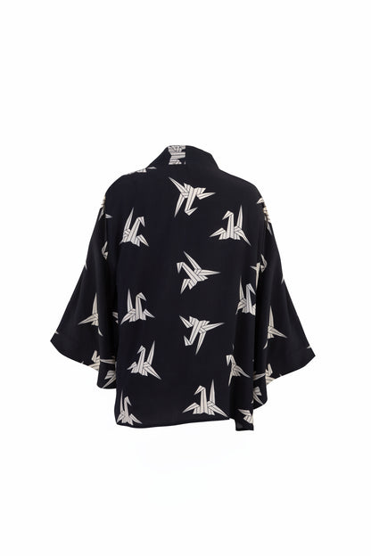 Japanese Origami Bird Print Black & Ivory Short Light Weight Kimono