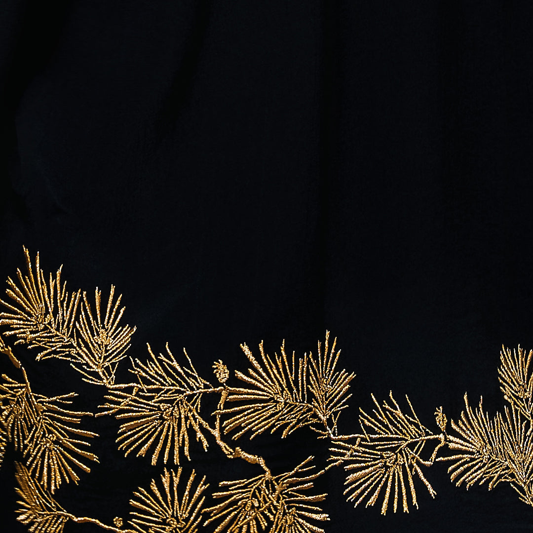 Japanese Pine Needle Embroidered Black and Gold Fully Lined Short Kimono