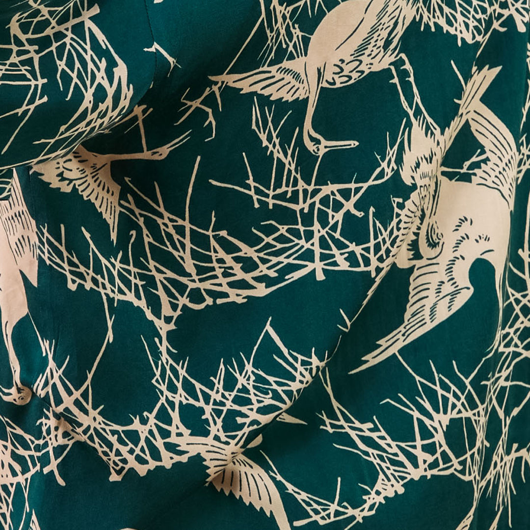 Japanese crane print emerald green and ivory detail