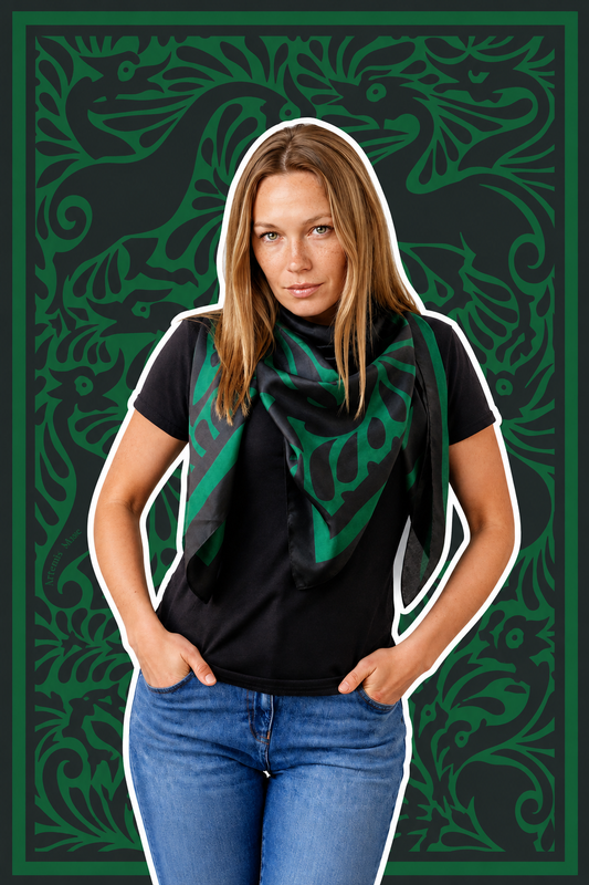 William De Morgan Green & Black Fantastic Ducks Luxury Silk Scarf 120cm * 120cm