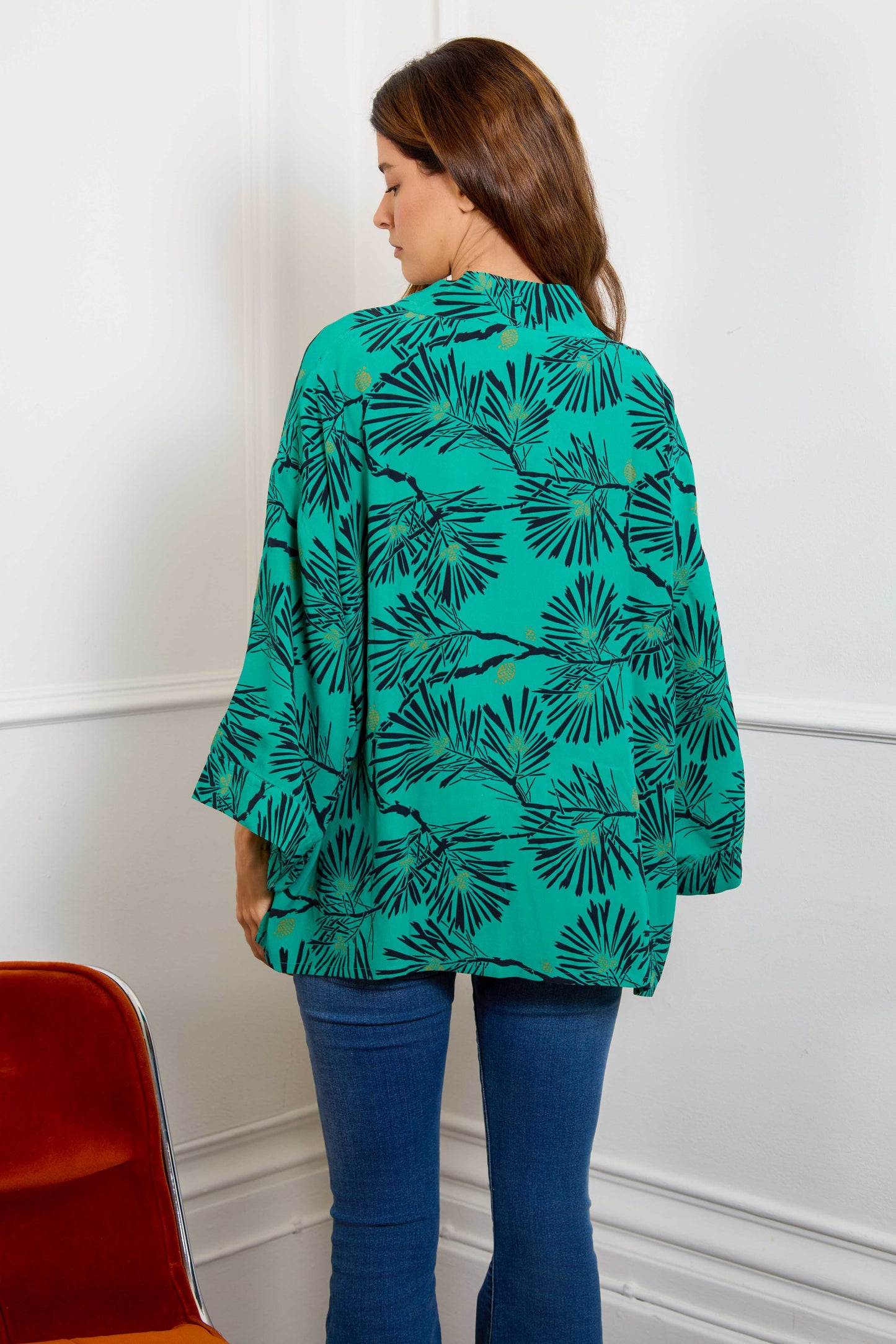 Japanese Pine Needle Print Green Short Light Weight Kimono