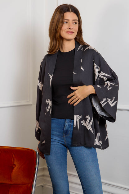Japanese Origami Bird Print Black & Ivory Short Light Weight Kimono
