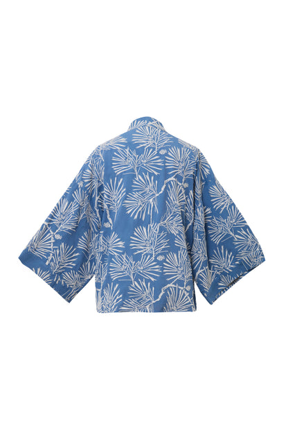 Ivory Embroidered Japanese Pine Needles Blue Short Fully Lined Kimono