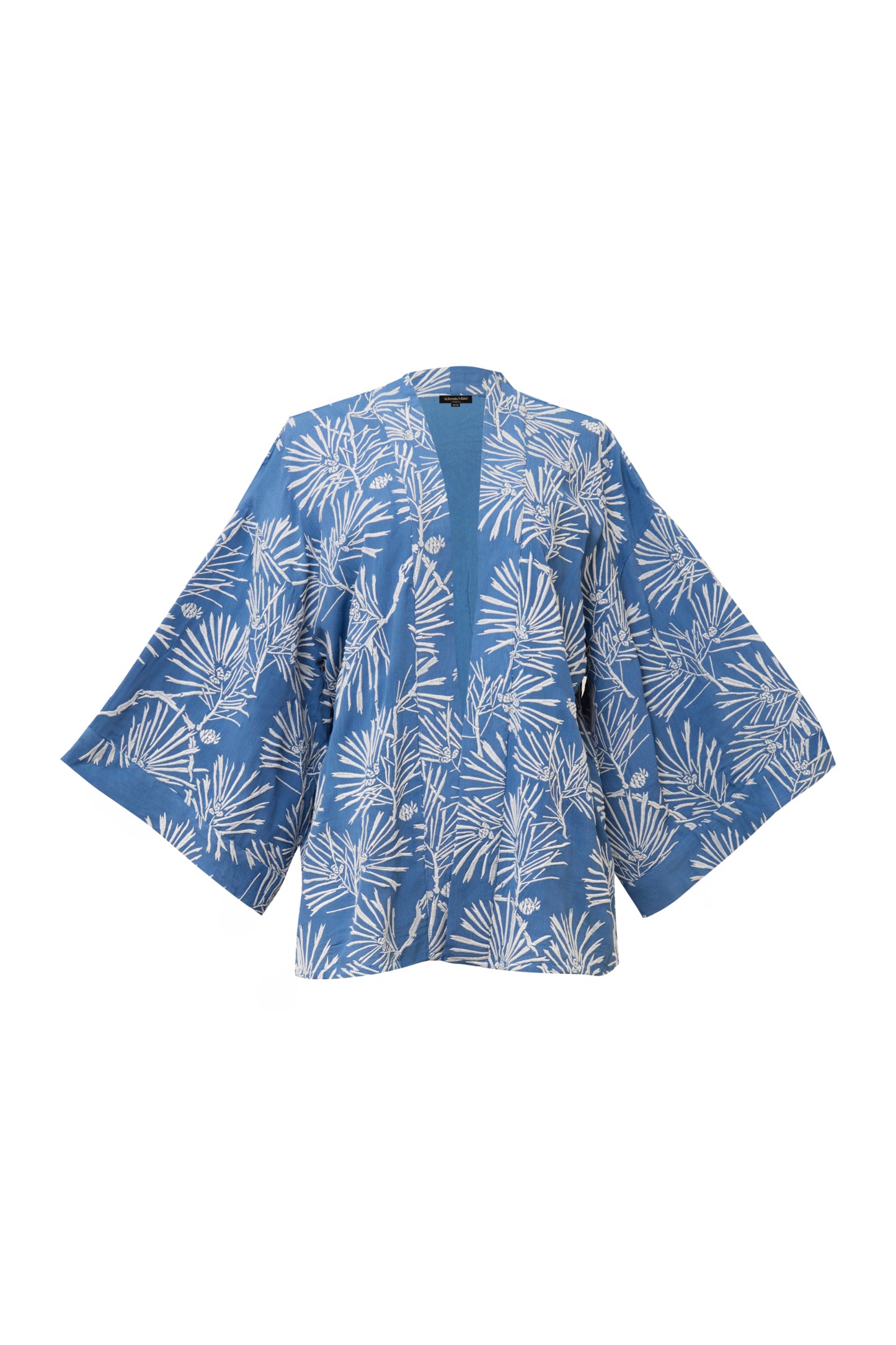 Ivory Embroidered Japanese Pine Needles Blue Short Fully Lined Kimono