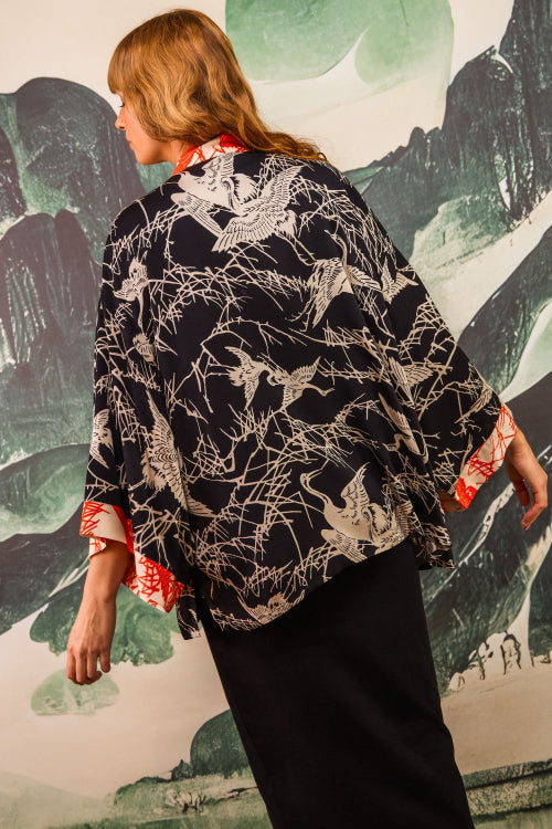 Vintage Japanese Crane print black and rust short kimono by Artemis Muse. back view 