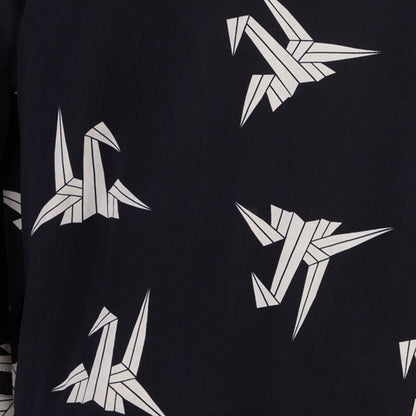 Japanese Origami Bird Print Black & Ivory Short Light Weight Kimono