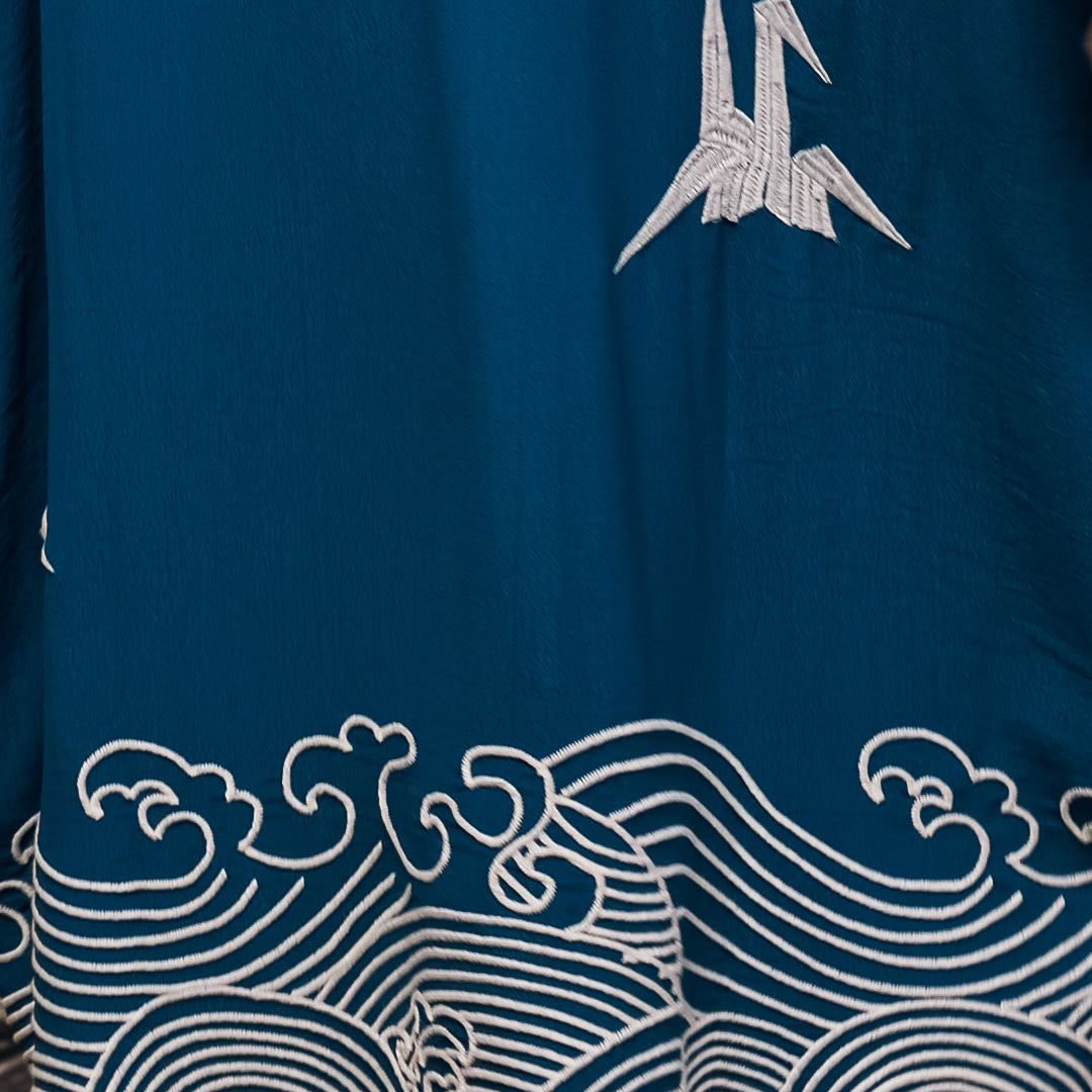 Hokusai wave and origami birds embroidery detail