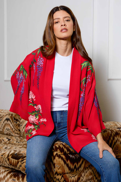 Wisteria & Chrysanthemum Embroidered Red Fully Lined Short Kimono