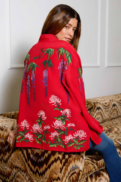 Wisteria & Chrysanthemum Embroidered Red Fully Lined Short Kimono