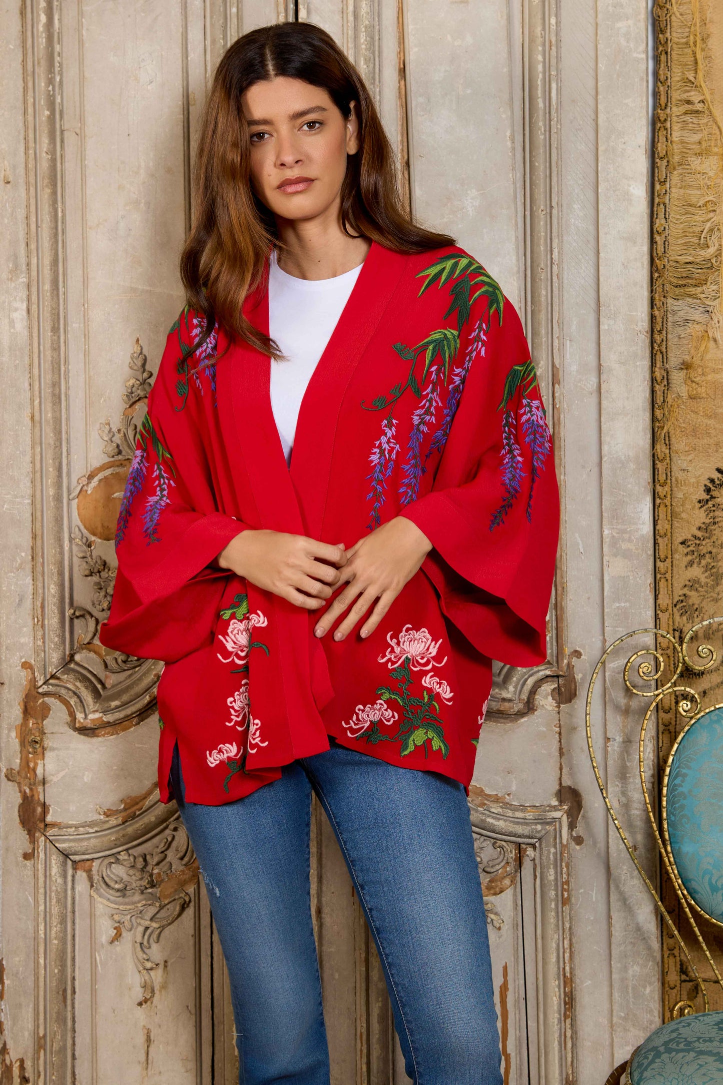 Wisteria & Chrysanthemum Embroidered Red Fully Lined Short Kimono
