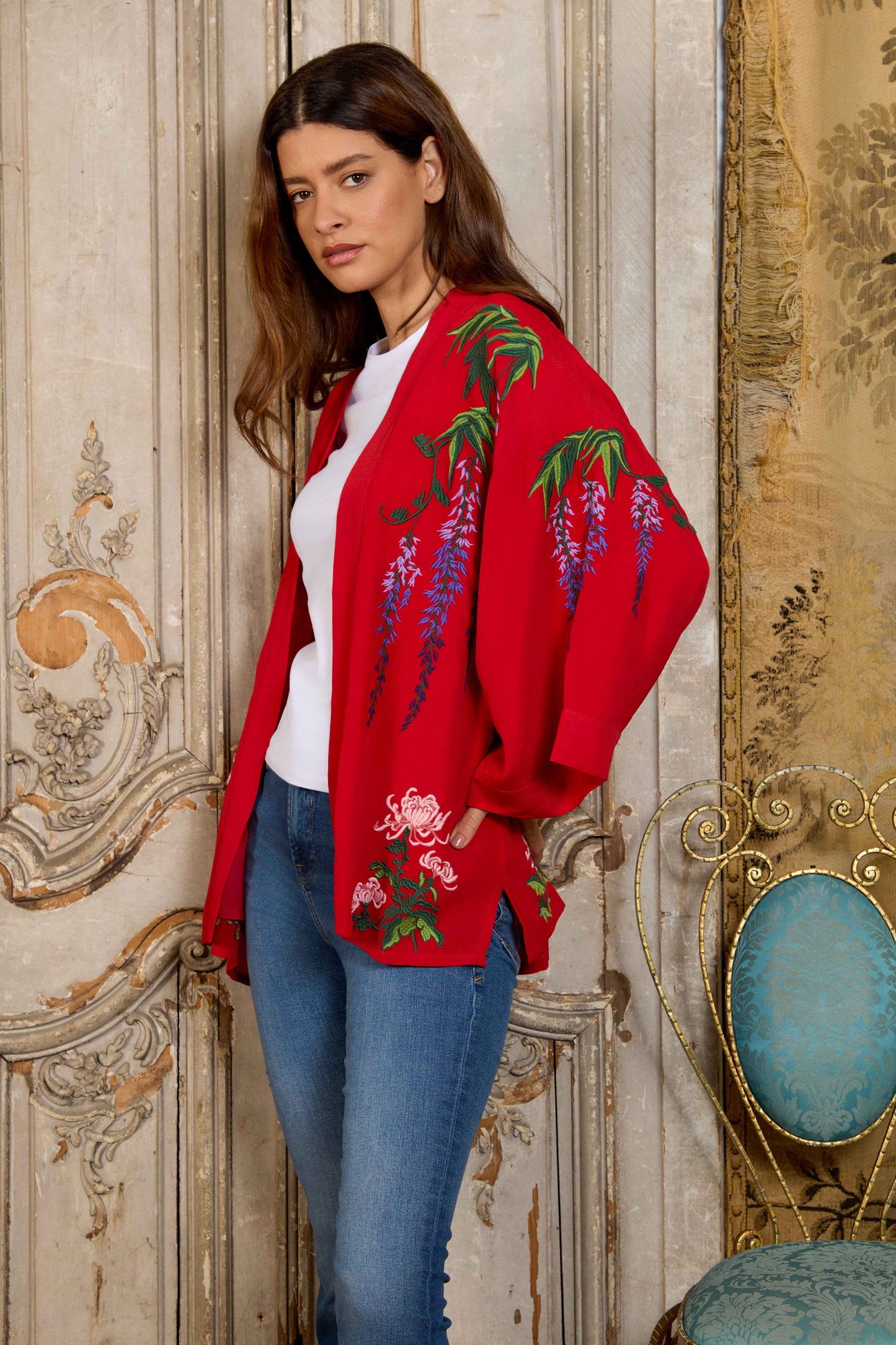 Wisteria & Chrysanthemum Embroidered Red Fully Lined Short Kimono