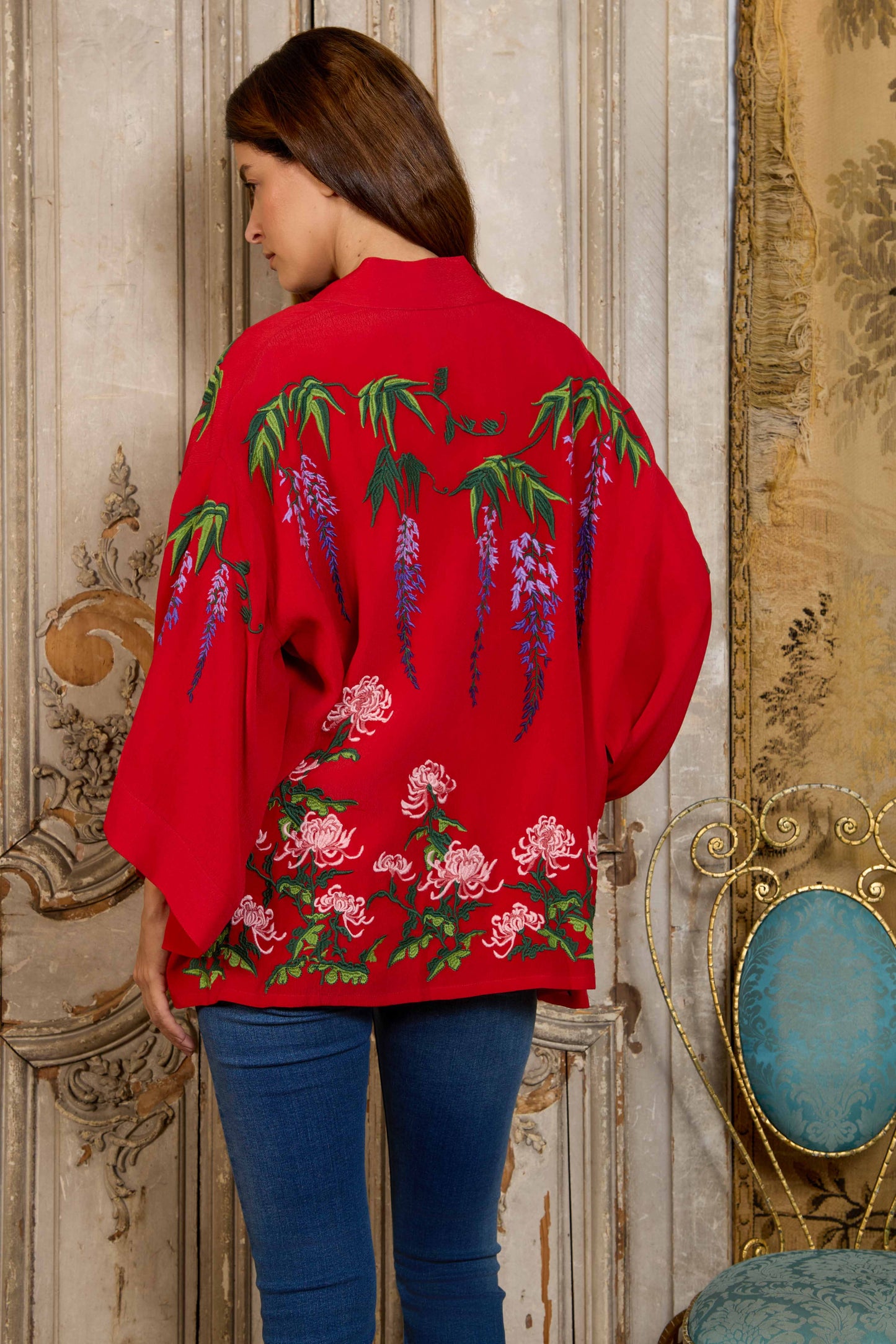 Wisteria & Chrysanthemum Embroidered Red Fully Lined Short Kimono