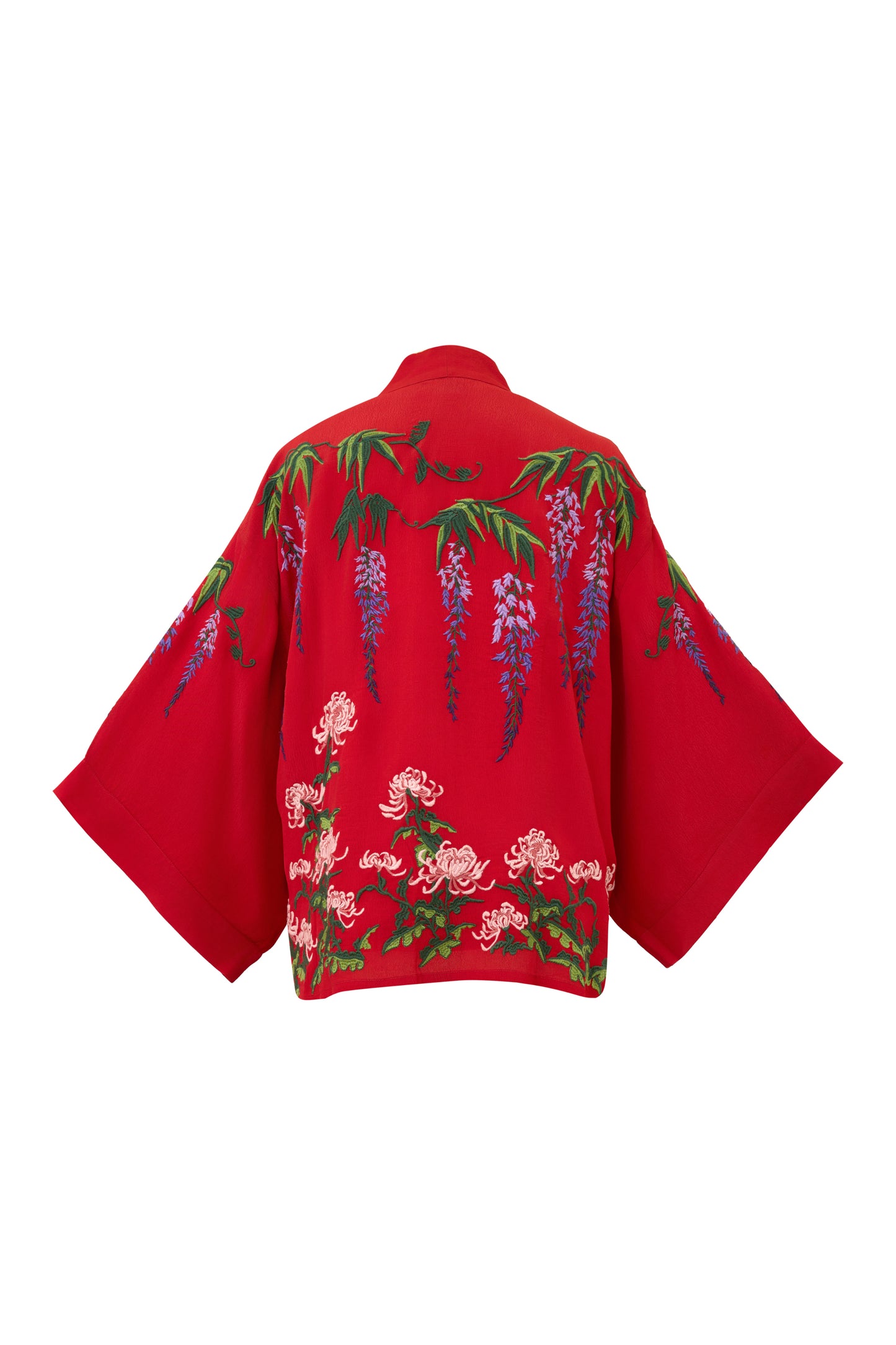 Wisteria & Chrysanthemum Embroidered Red Fully Lined Short Kimono