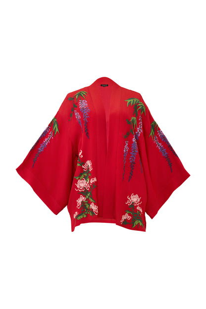Wisteria & Chrysanthemum Embroidered Red Fully Lined Short Kimono