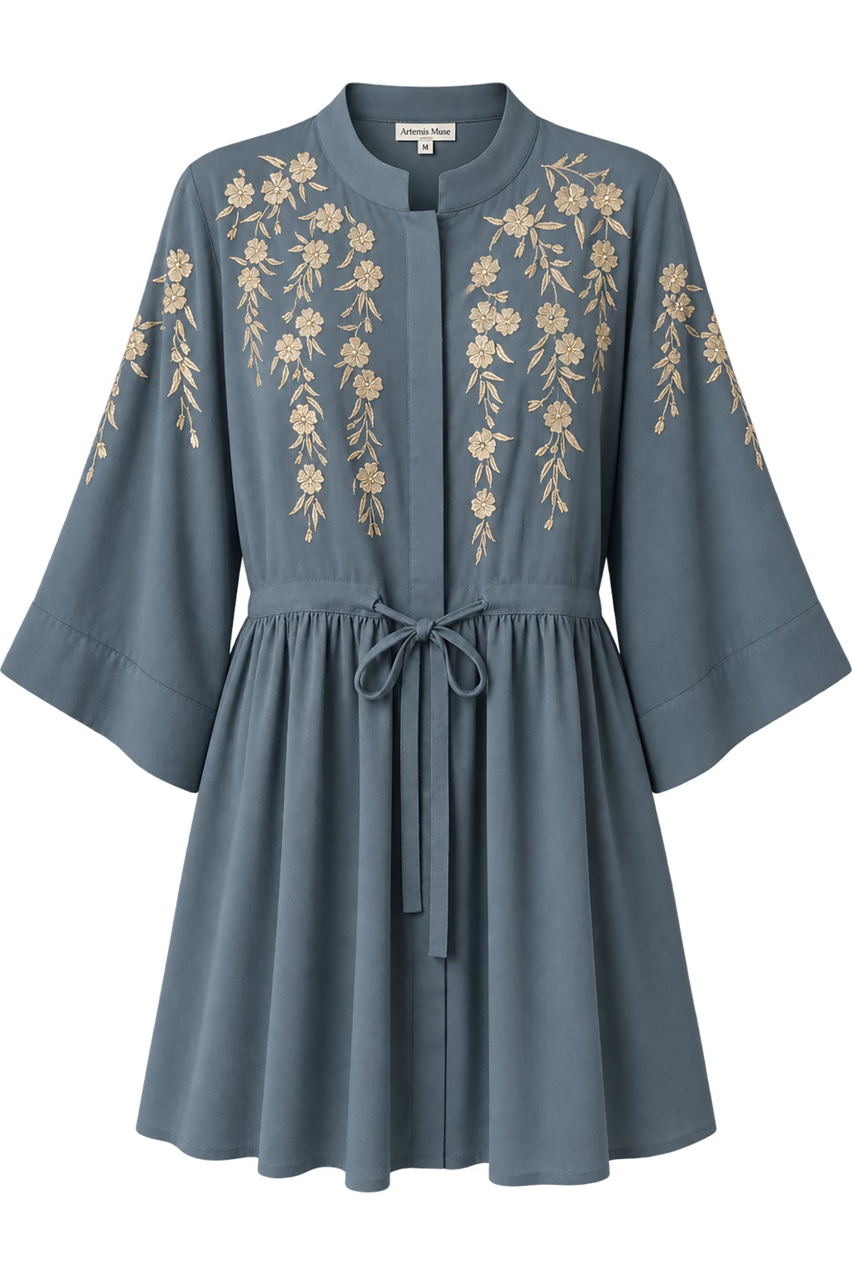 Japanese Blossoms Metallic Champagne and Blue Embroidery Selene Dress