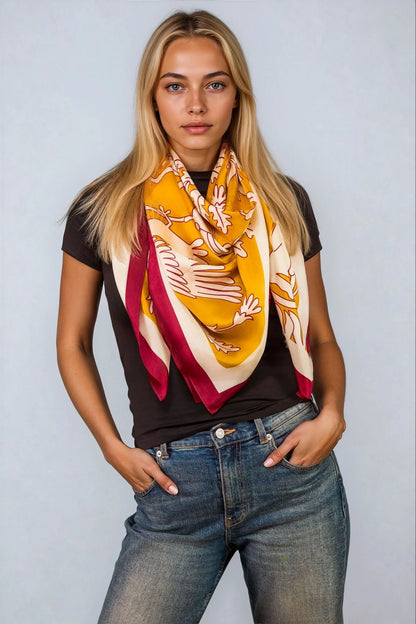 Regal Doves & Lions Wine & Mustard Luxury Silk Scarf 120cm * 120cm