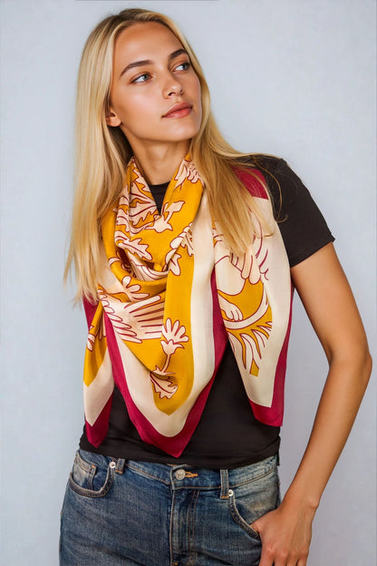 Regal Doves & Lions Wine & Mustard Luxury Silk Scarf 120cm * 120cm