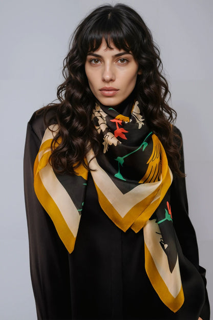 Regal Doves & Lions Black & Colourful Luxury Silk Scarf 120cm * 120cm