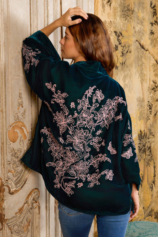 Wild Flowers & Butterflies Teal & Pink Velvet Embroidered Short Kimono