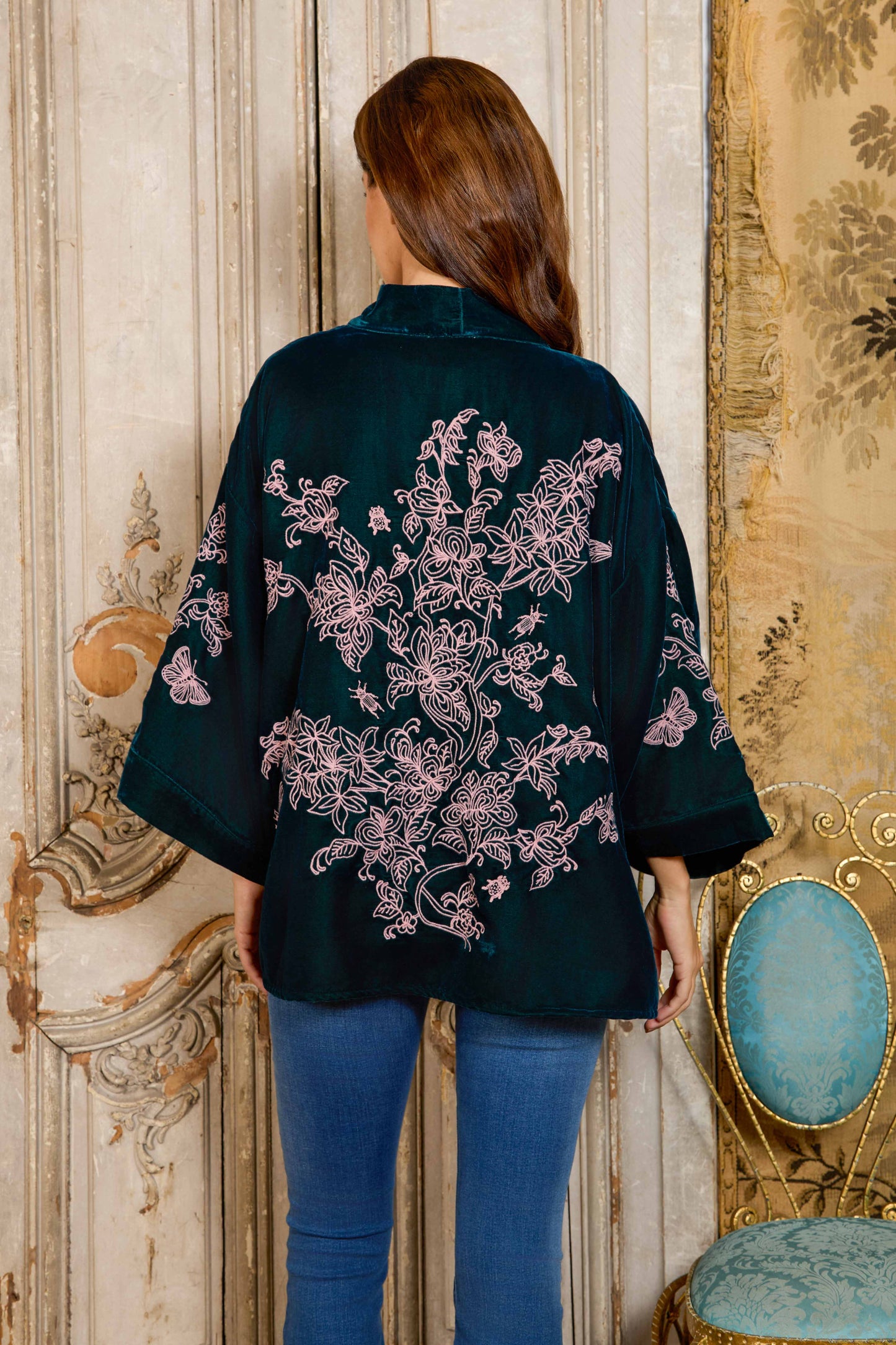 Wild Flowers & Butterflies Teal & Pink Velvet Embroidered Short Kimono