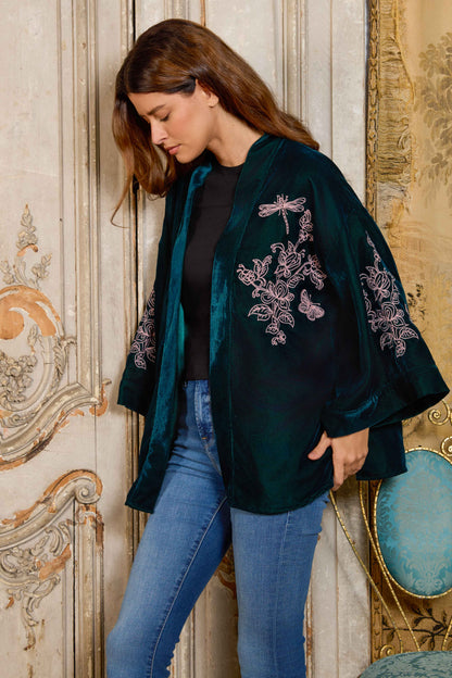 Wild Flowers & Butterflies Teal & Pink Velvet Embroidered Short Kimono