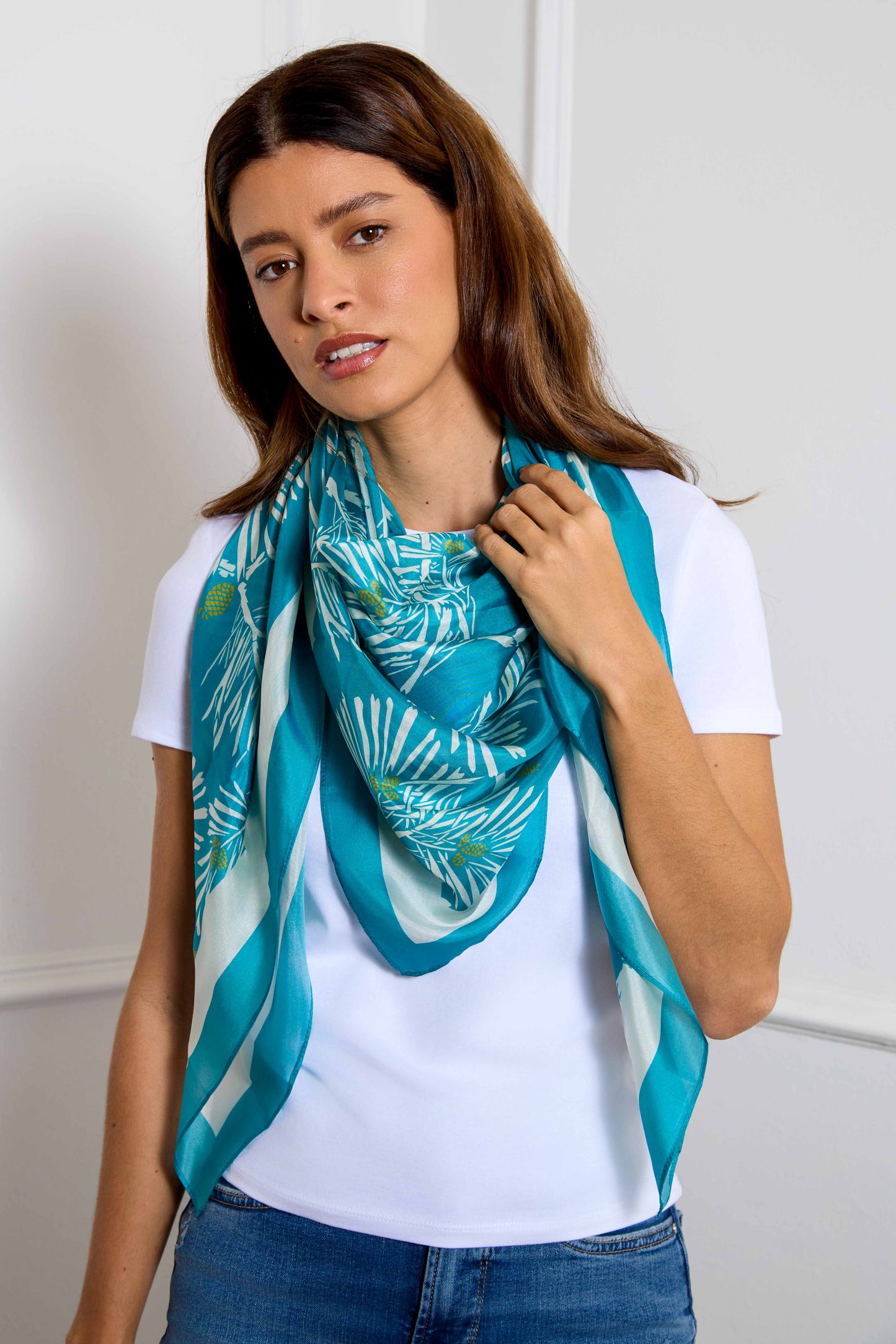 Teal & Ivory Pine Needles Luxury Silk Scarf 120cm * 120cm