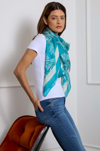 Teal & Ivory Pine Needles Luxury Silk Scarf 120cm * 120cm