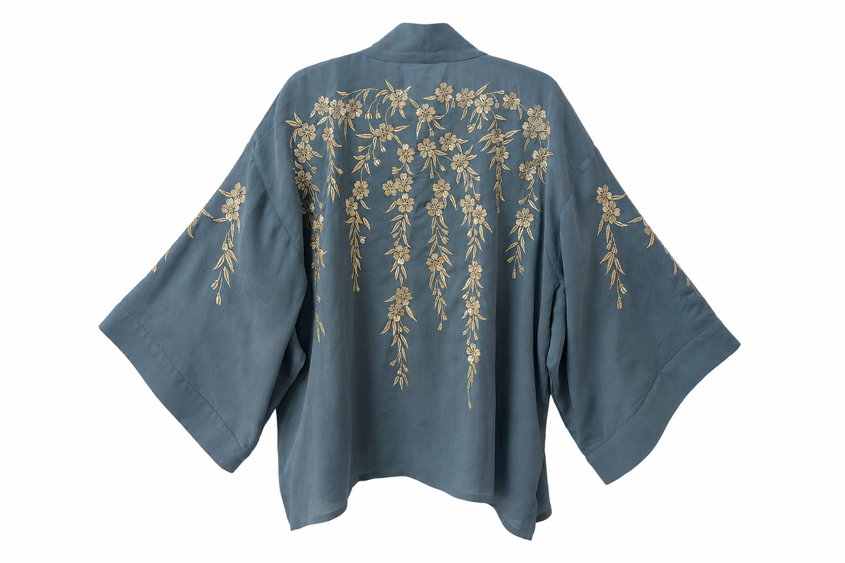 Japanese Blossoms Metallic Champagne and Blue Embroidery Kimono