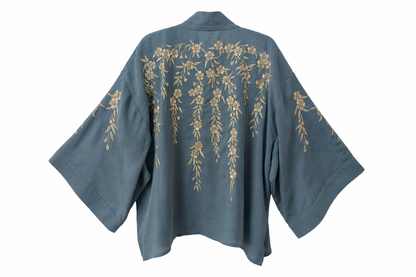 Japanese Blossoms Metallic Champagne and Blue Embroidery Kimono