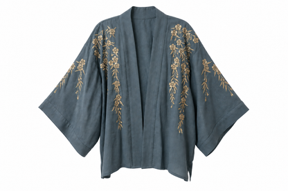 Japanese Blossoms Metallic Champagne and Blue Embroidery Kimono