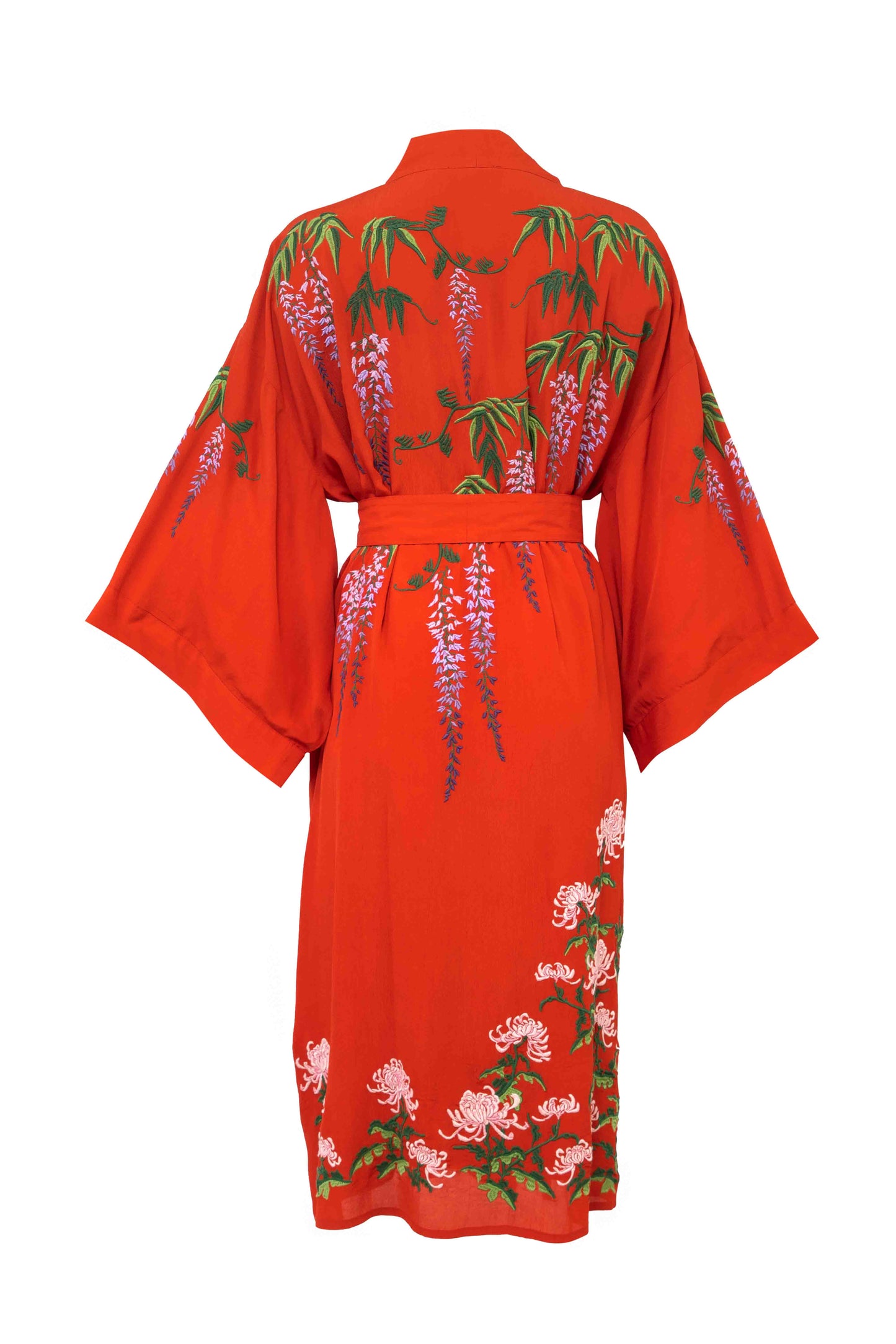 Wisteria & Chrysanthemum Embroidered Terracotta Fully Lined Long Kimono