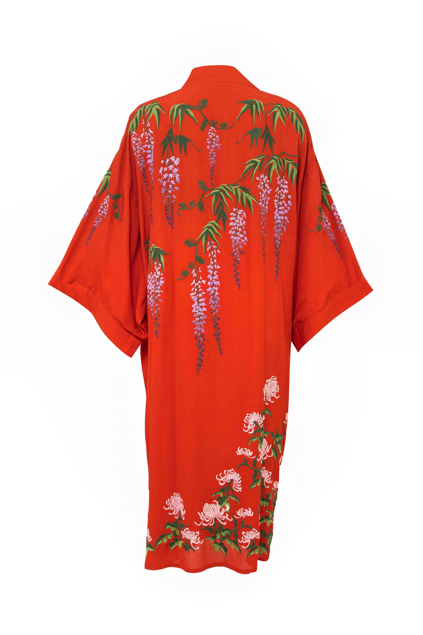 Wisteria & Chrysanthemum Embroidered Terracotta Fully Lined Long Kimono