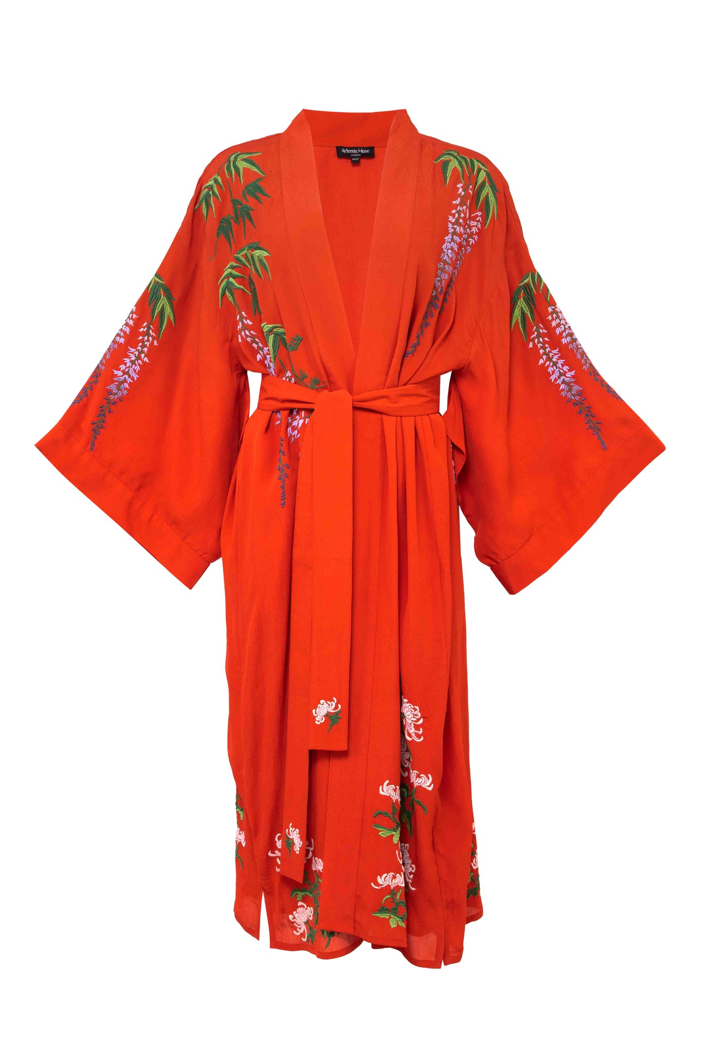 Wisteria & Chrysanthemum Embroidered Terracotta Fully Lined Long Kimono