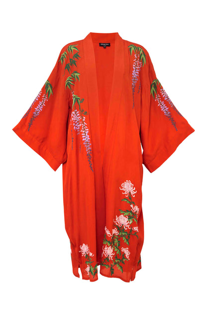 Wisteria & Chrysanthemum Embroidered Terracotta Fully Lined Long Kimono