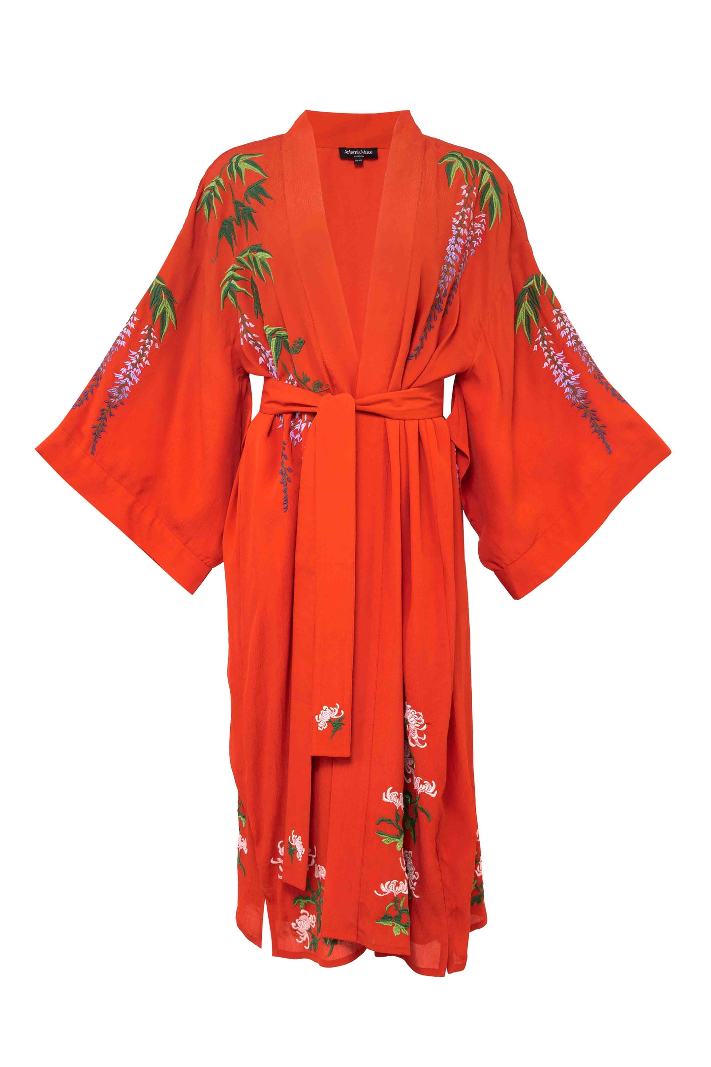 Wisteria & Chrysanthemum Embroidered Terracotta Fully Lined Long Kimono