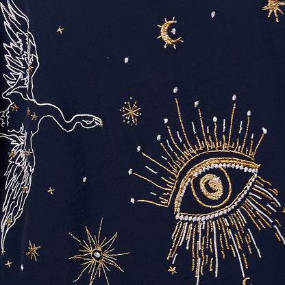 Cosmos Embroidered Navy, Ivory and Gold Fully Lined Short Kimono