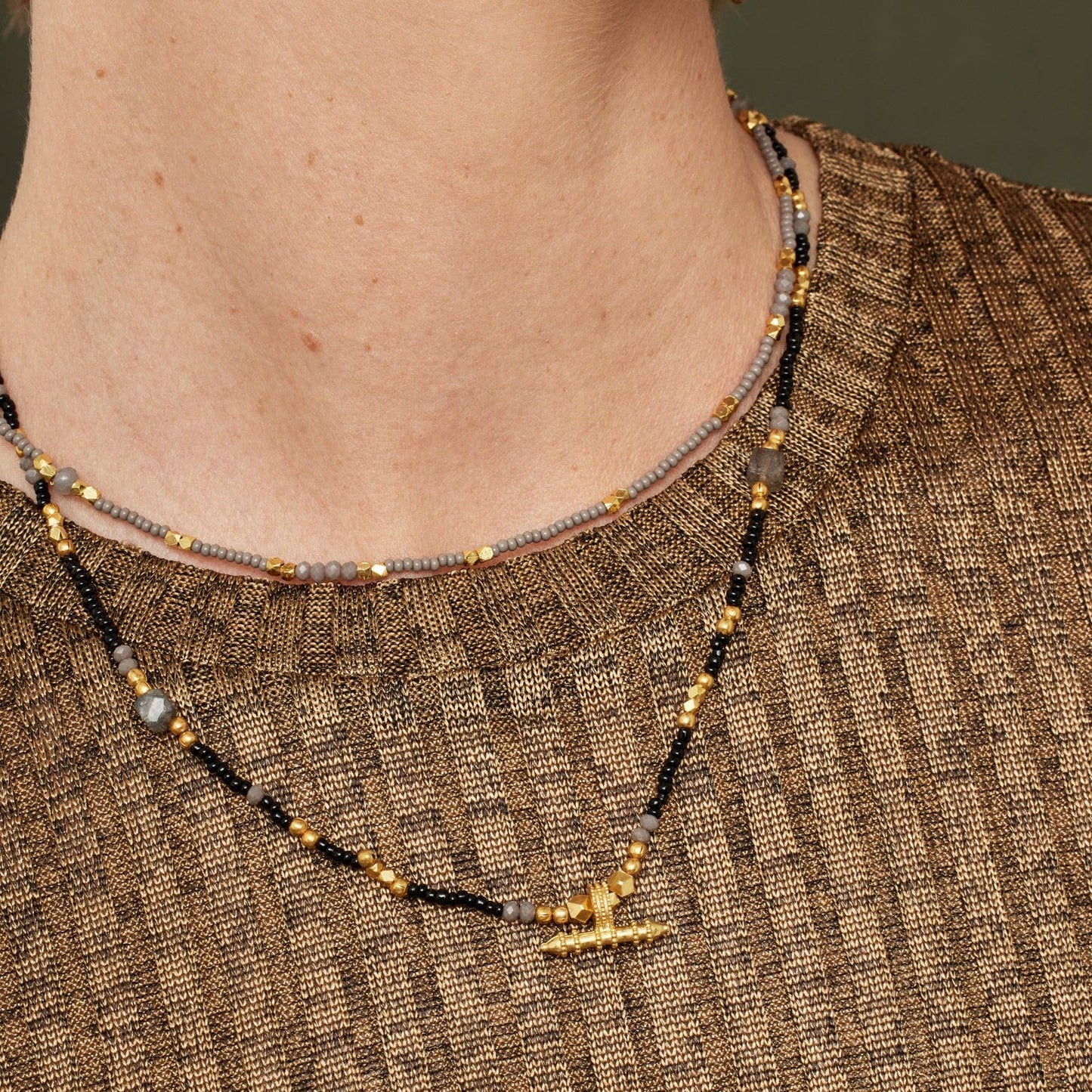 Sadie Black & Grey Beaded Necklace with Gold T-bar