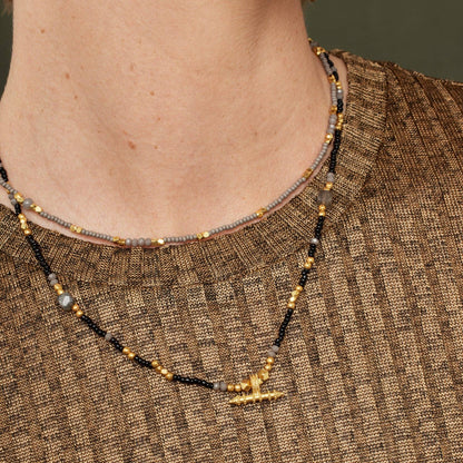 Sadie Black & Grey Beaded Necklace with Gold T-bar