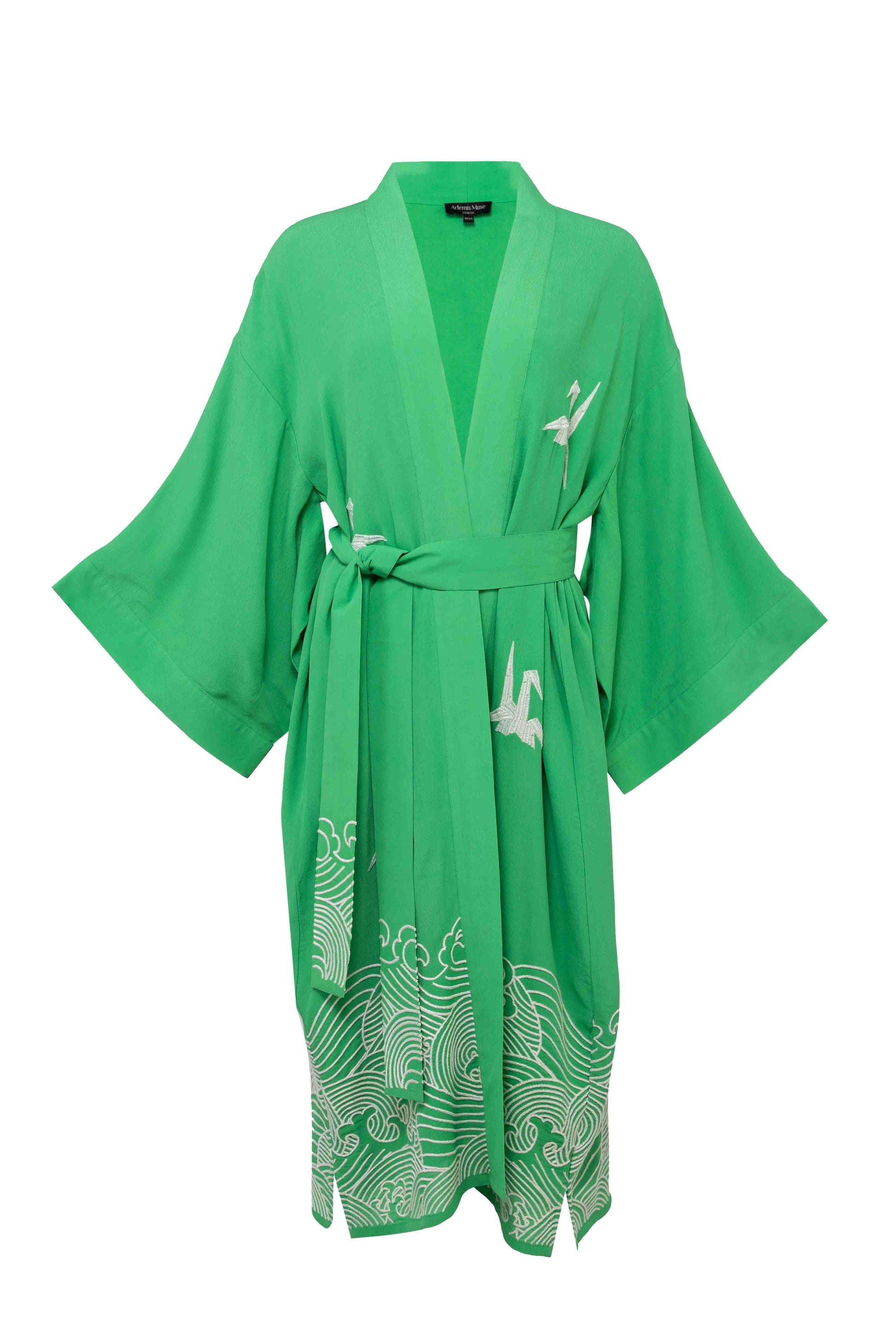 Origami and Hokusai Wave Embroidered Fully Lined Island Green Long Kim Artemis Muse Origami and Hokusai Wave Embroidered Fully Lined Island Green Long Kim Artemis Muse