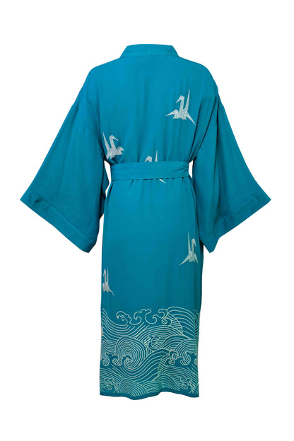Origami & Hokusai Wave Embroidered Fully Lined Deep Teal Long Kimono