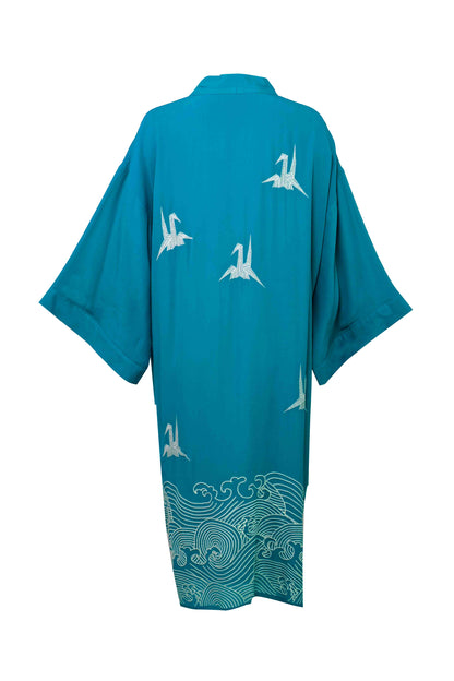 Origami & Hokusai Wave Embroidered Fully Lined Deep Teal Long Kimono