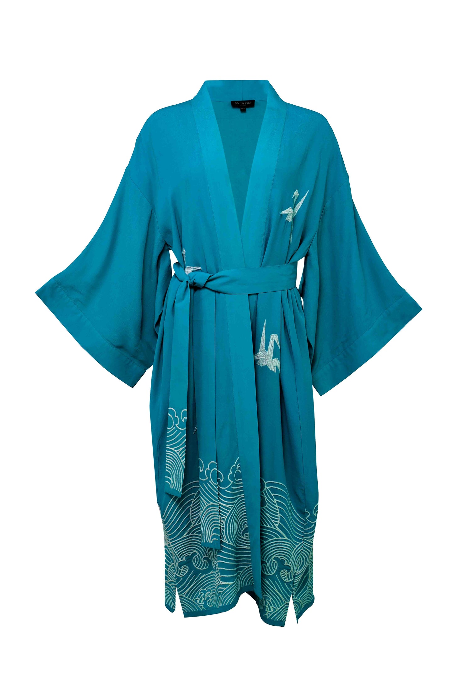 Origami & Hokusai Wave Embroidered Fully Lined Deep Teal Long Kimono